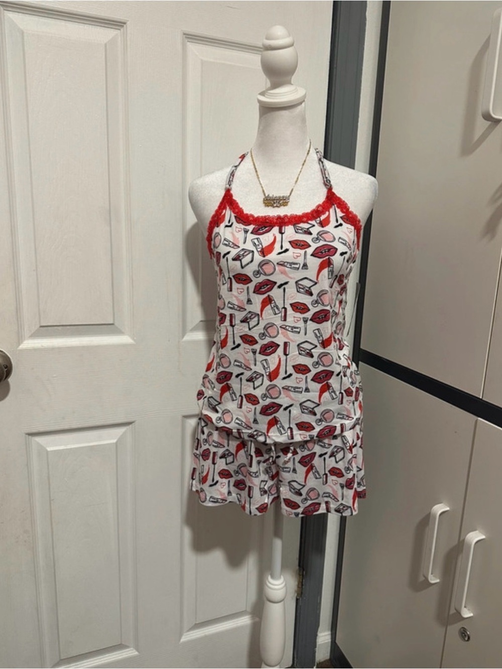 Women’s White Pajama Set with Red Makeup Print